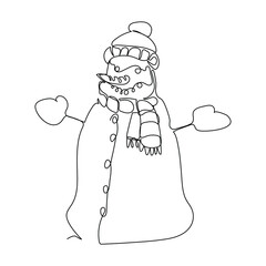 Continuous one line drawing of snowman. Editable stroke. Vector illustration on isolated background.