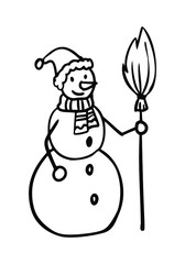 Doodle snowman with a broom. Black and white vector illustration on isolated background.