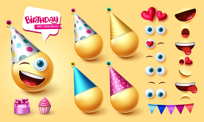 Birthday emoji creator vector set. Smiley 3d character kit with cute, happy and friendly editable face expression for birth day emojis reaction collection design. Vector illustration.

