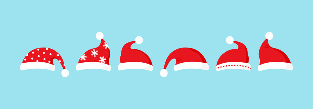 Santa Claus hat vector icon, red New Year cap set, cartoon winter decoration isolated on white background. Holiday illustration