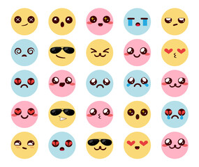 Kawaii colorful emoticons vector set. Smileys chibi emoticon cute characters with expressions of happy, smiling, friendly and sad faces for kawaii emojis collection design. Vector illustration.
