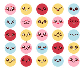 Smileys kawaii character vector set. Emoticon cute cartoon emojis with colorful faces and expression of happy, sad and angry for kawaii emoji chibis collection design. Vector illustration.
