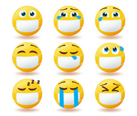 Smiley covid-19 protection vector set. Emoticon characters wearing face mask with happy, sad and sick faces for pandemic safety emoji collection campaign design. Vector illustration.
