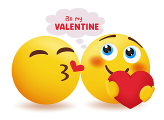 Emoji valentines couple vector concept design. Smiley 3d inlove characters with be my valentine speech bubble invitation for smileys valentine's day lovers greeting. Vector illustration.
