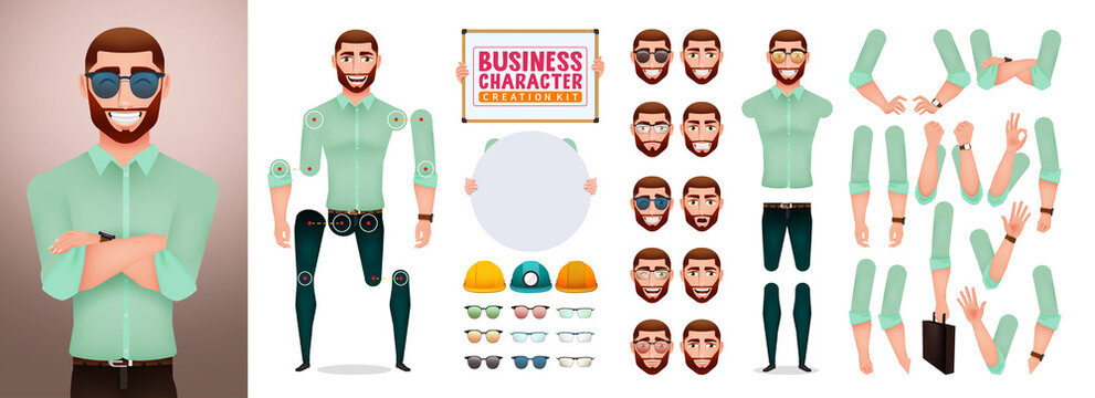 Business man creation kit vector set. Businessman character creator with editable arm hand gestures, head and body parts collection for editable business characters design. Vector illustration.
