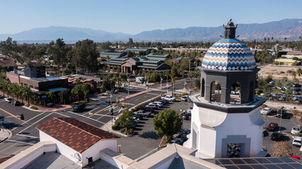 Daytime aerial view of downtown Redlands, California, USA.