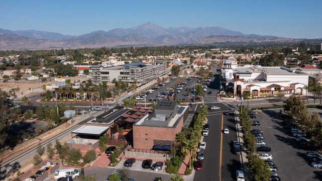 Daytime aerial view of downtown Redlands, California, USA.