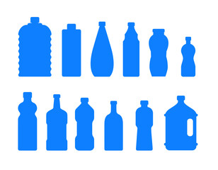 Plastic water bottle icon. Blue liquid container drink, bottle silhouette set. Water cartoon bottles