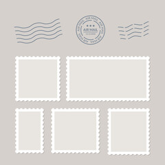 Postage stamps vector vintage border post mail. Blank postal sticker template frame. Postmark perforated paper