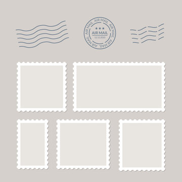 Postage stamps vector vintage border post mail. Blank postal sticker template frame. Postmark perforated paper