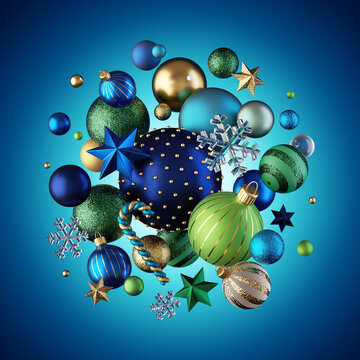 3d render, assorted blue green gold Christmas ornaments and glass balls. Festive holiday wallpaper