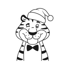 Black and white line winking tiger portrait isolated coloring page. Cartoon striped happy character in Santa hat. Adorable outline New Year symbol. Christmas holiday sketch wildcat vector illustration
