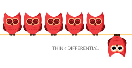 Think different funny idea concept. Unique minimal leader owl stand. Think differently leadership
