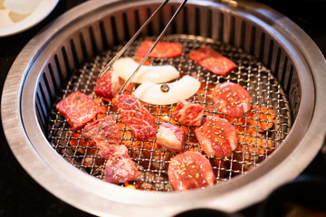 Real Yakiniku japanese grill style in japan.food that grille a thin sliced wagyu beef and dipped in a soy-bean sauce based sauce an rice.Lunch set.barbecue grill teppanyaki.Delicious menu.Fresh raw.