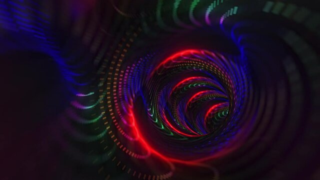 Abstract mesh dark rainbow futuristic glowing flying lines motion and illuminated light digital effect in tunnel. Futuristic neon background, ultra violet glowing lines, laser rays, speed of light. 4K