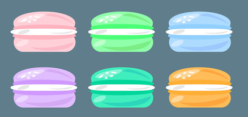 Macaroons meringue, biscuit, colorful pastel colors, sweets, candy set of different. Macaroon cookies isolated on gray background. Tasty template for cooking cafe and restaurant menu. Vector