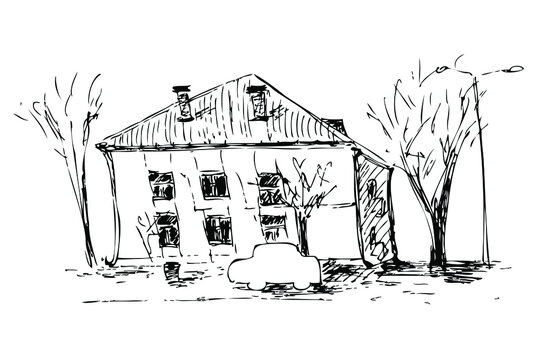 Hand drawing sketch of the urban landscape with old house. Perfect for T-shirt, poster, textile and prints. Doodle vector illustration for decor and design. 
