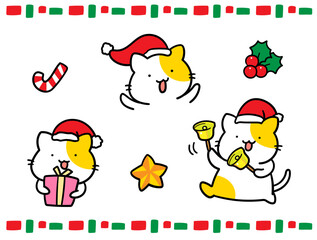 クリスマスを楽しむねこのキャラクターの手書き風イラスト