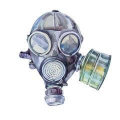 Watercolor gas mask isolated on white background. Military filter respirator for stalker, post-apocalyptic world, survival. Protective uniform for nuclear war, radiation, toxic poison. Hand drawn art