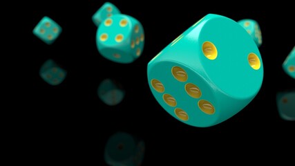 Rolling green-yellow dices under black-white flash background. 3D CG. 3D illustration. 3D high quality rendering.