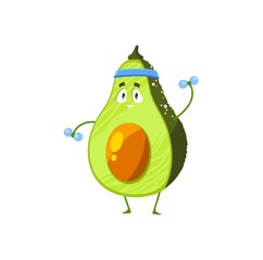 Cartoon avocado sportsman vector icon, funny vegetable character workout with dumbbells sport exercises isolated on white background. Healthy exotic food, sports lifestyle, organic nutrition symbol