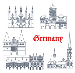 Fototapeta premium Germany travel landmarks and architecture buildings of Lubeck, vector. German architecture of St James church, Rathaus town hall, Hospital of Holy Spirit or Holstentor and Burgtor city gate