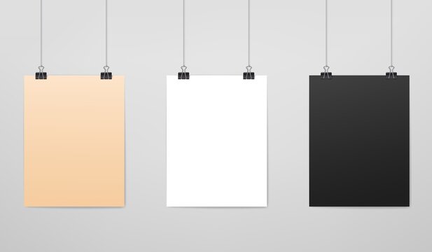 Hanging paper poster mockups, realistic sheets with strings, vector board frames. Photo gallery posters or exhibition blank pictures hanging on wall, white and black board or canvas frames on clips