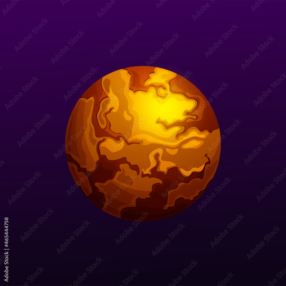 Poster fantasy planet in magma, fire or lava outer space yellow planet ui game design element isolated. vec