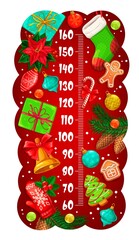 Christmas kids height chart with gifts, poinsettia and holly berry, pine tree and Xmas balls, vector. Kids growth meter or baby tall scale with Christmas holiday decorations and winter ornaments