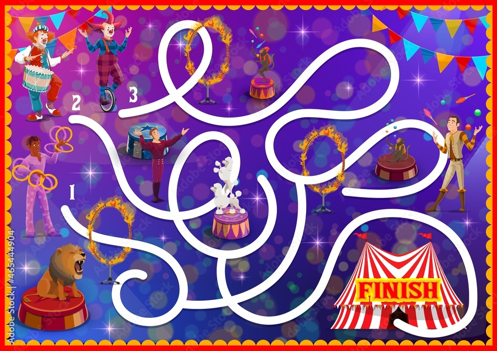 Poster kids labyrinth maze with circus characters. child playing activity with finding way task, cartoon ve