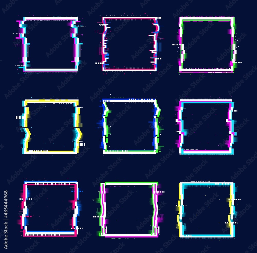 Aufkleber Glitch banner square frames. Colored abstract borders with glitch effect. Vector distorted neon glowing pixelized frames. Isolated no signal TV screens, colored messy or noisy bordering
