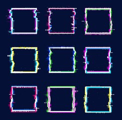 Glitch banner square frames. Colored abstract borders with glitch effect. Vector distorted neon glowing pixelized frames. Isolated no signal TV screens, colored messy or noisy bordering