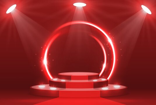 3d podium on stage with ramp lights. Theatre, nightclub or circus red stage realistic vector background, round pedestal backdrop with neon lights in stairs, shining circle and spotlights beams