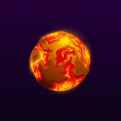 Cartoon space planet with lava and fire oceans. Proto-Earth, far galaxy solar system planet or game UI icon asteroid, alien world with volcanic activity on surface, molten rocks and hot lava flows