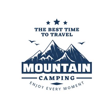 Mountain camping icon. Travel, trekking and hiking tourism in mountains monochrome vector emblem, label or retro icon with typography and birds flying over mountain snowy range peaks