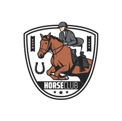 Horse club icon, polo or jockey riding sport races, vector emblem. Polo jockey sport, horse racing and equine steeplechase or equestrian rides tournament on hippodrome, horseshoe sign