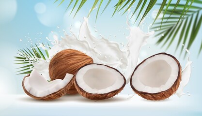 Coconut milk splash and palm leaves, vector bokeh background. Cracked coconut nuts on milk splash with tropical exotic blue bokeh background for food sweets, spa cosmetics or cream packaging - obrazy, fototapety, plakaty