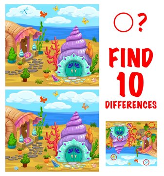 Find ten differences kids game with cartoon fantasy vector seashell houses on the seaside. Kindergarten children educational riddle with cartoon fairy shell dwelling. Child playing activity or puzzle