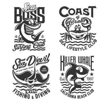 Surfing, diving and fishing t shirt prints, waves of sea and ocean, vector icons. Surf, dive and fisher club emblem of shark, crab and killer whale, summer beach adventure and marine sport t-shirts