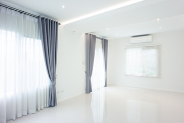 White empty space or room with ceramic tile floor in perspective view, ceiling, curtain, blind,...