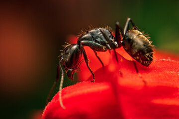Black ant exploring some flowers.
