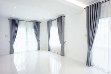 White empty space or room with ceramic tile floor in perspective view, ceiling, curtain, blind,...