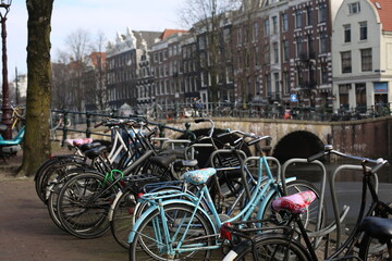 Naklejka premium a lot of bicycle parked on the street in amsterdam