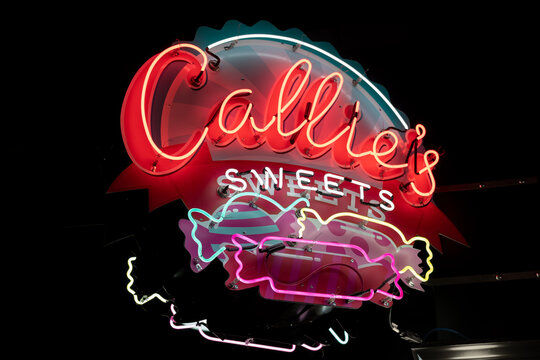 Two Harbors, Minnesota - October 4, 2021: Sign for Callie's Sweets inside of Burlington Station, a gift shop with a candy and fudge