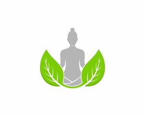Nature leaf with woman meditation behind