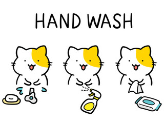 手洗いをするかわいいねこの手書き風イラスト