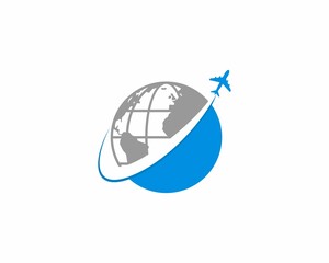 Flight airplane on the globe illustration logo - obrazy, fototapety, plakaty