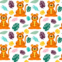 Obraz premium Pattern with tigers and palm leaves. Little Chinese tiger cubs. Vector illustration. For use in packaging, prints, baby products, shops, brochures and covers.