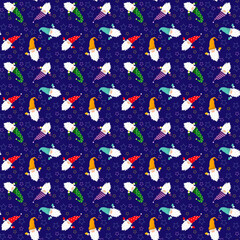 Pattern with little gnomes and stars on a blue background. Vector illustration. For use in packaging, prints, children products, shops, brochures and covers, souvenir and holiday decor. 