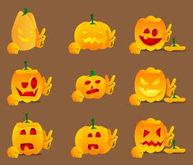 Decorative pumpkin for Halloween showing the V sign, peace hand gesture as a cartoon character with face. Vector Illustration.